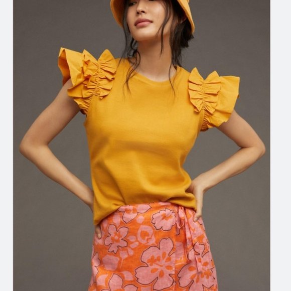 Anthropologie Tops - Anthropologie Mustard Yellow Flutter Sleeve Ribbed Knit